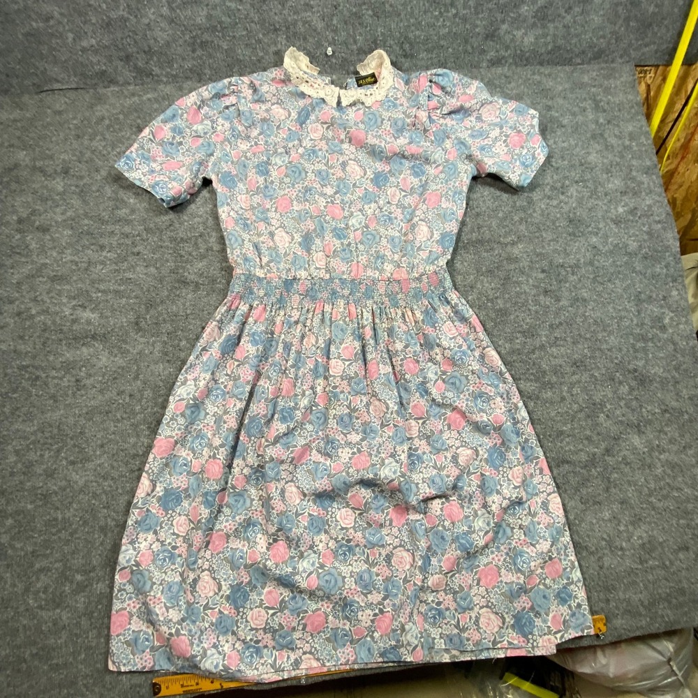 Vintage AS Elliot Floral Lace Collar Smocked Waist Midi Dress Pink Blue Size 16